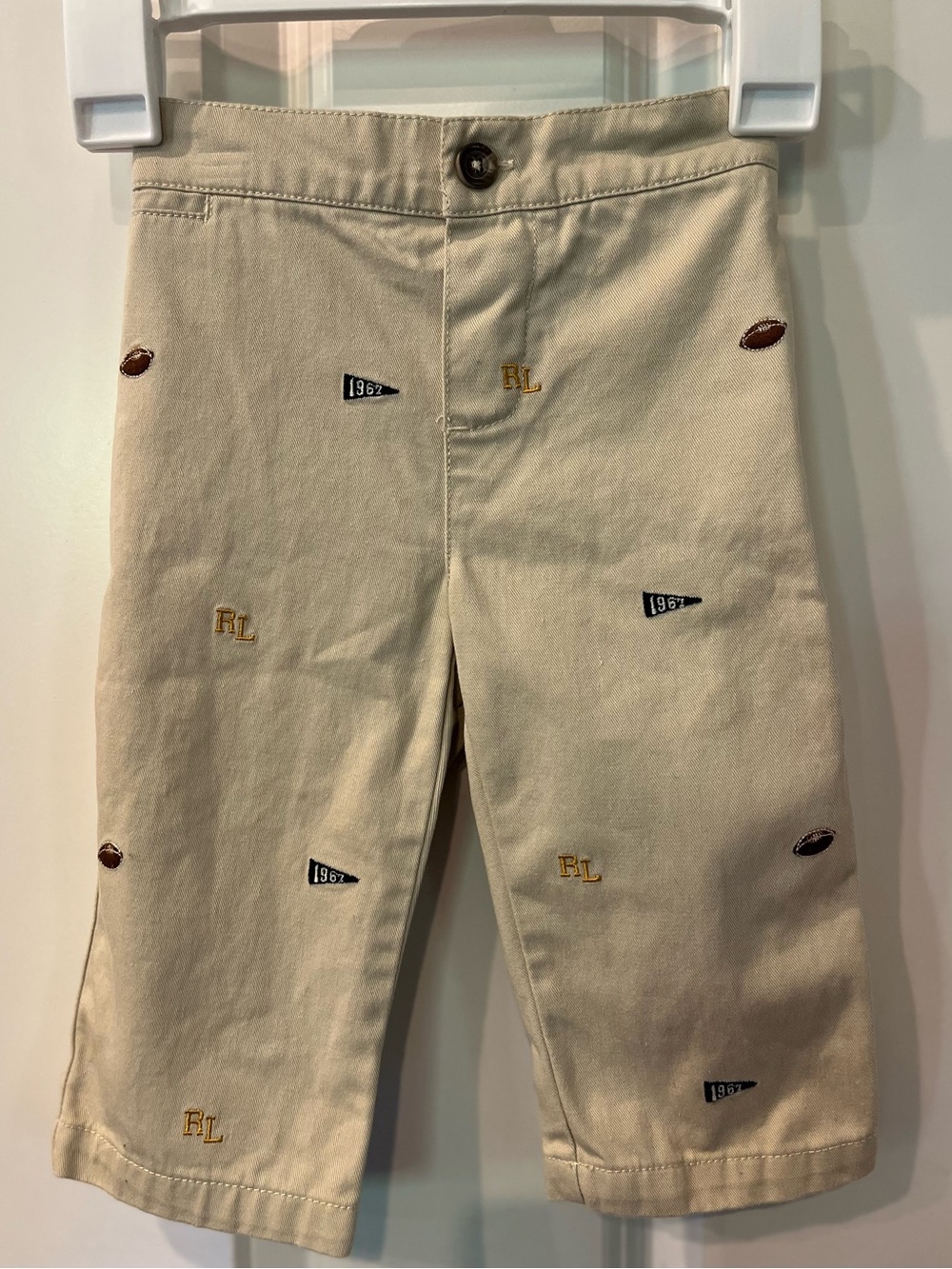 Ralph Lauren Embroidered Football Beige Chino Pants for baby boys, size 9 months